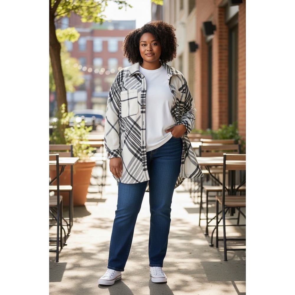 Future Collective Kahlana Barfield Brown Plaid Shacket Black White 1X Oversized